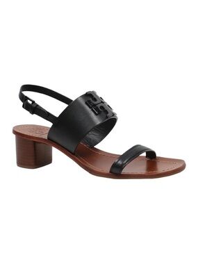 Tory Burch Lowell Black Leather Block Heel Sling Back Sandals, 7